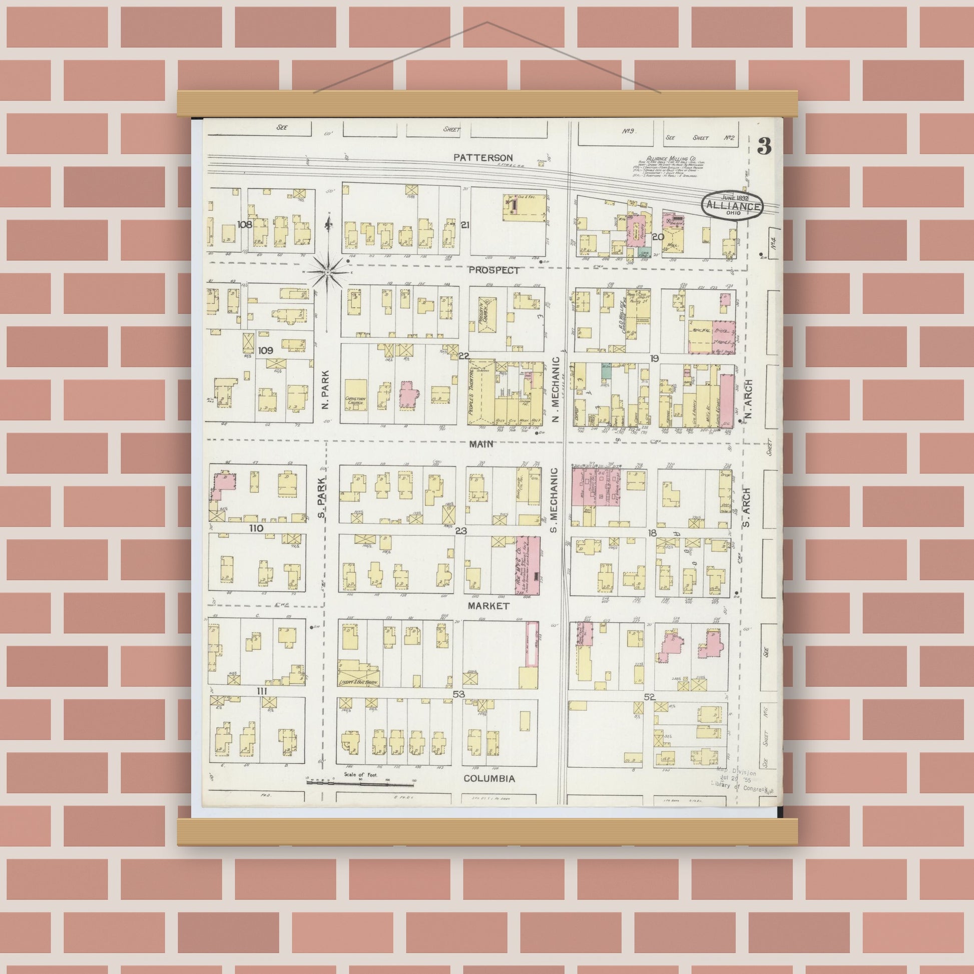 Old map wall art mockup — magnetic wood frame on brick wall — Sanborn Fire Insurance Map from Alliance, Stark County, Ohio (1892), Sheet #0003