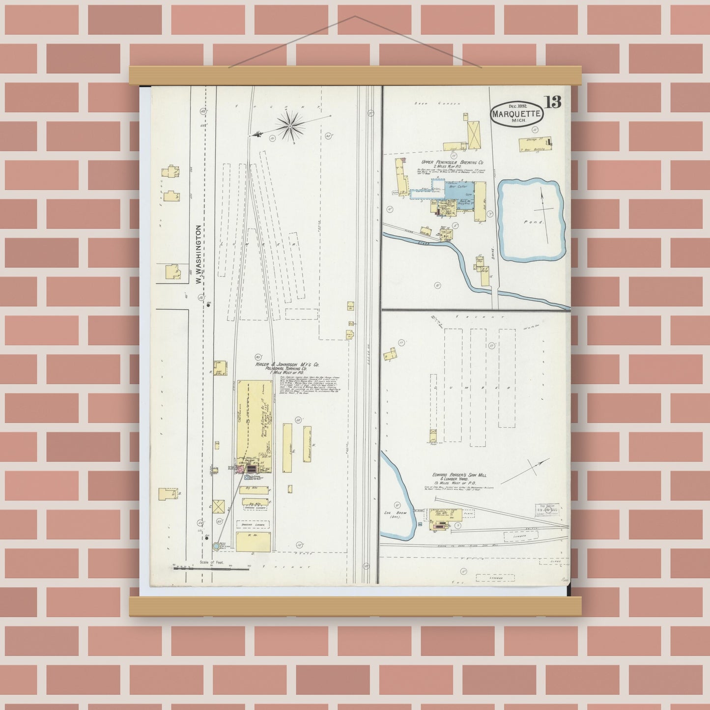 Old map wall art mockup — magnetic wood frame on brick wall — Sanborn Fire Insurance Map from Marquette, Marquette County, Michigan (1892), Sheet #0013