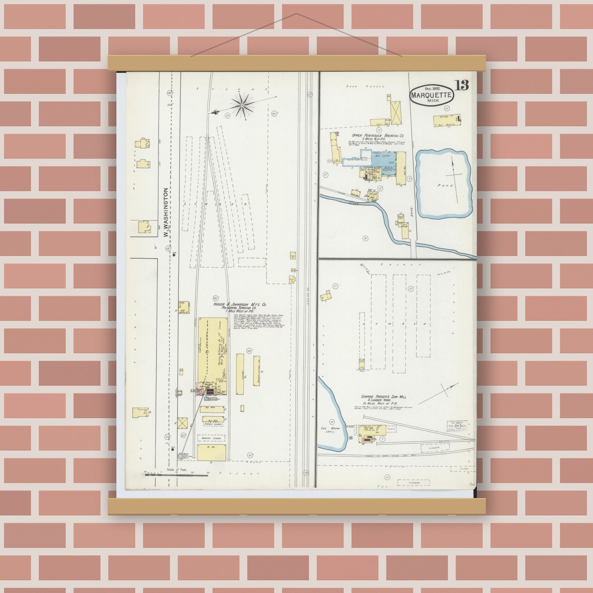 Old map wall art mockup — magnetic wood frame on brick wall — Sanborn Fire Insurance Map from Marquette, Marquette County, Michigan (1892), Sheet #0013