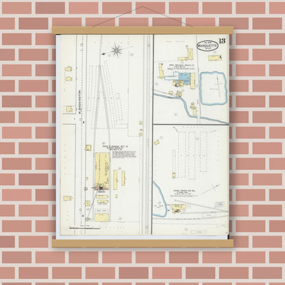 Old map wall art mockup — magnetic wood frame on brick wall — Sanborn Fire Insurance Map from Marquette, Marquette County, Michigan (1892), Sheet #0013