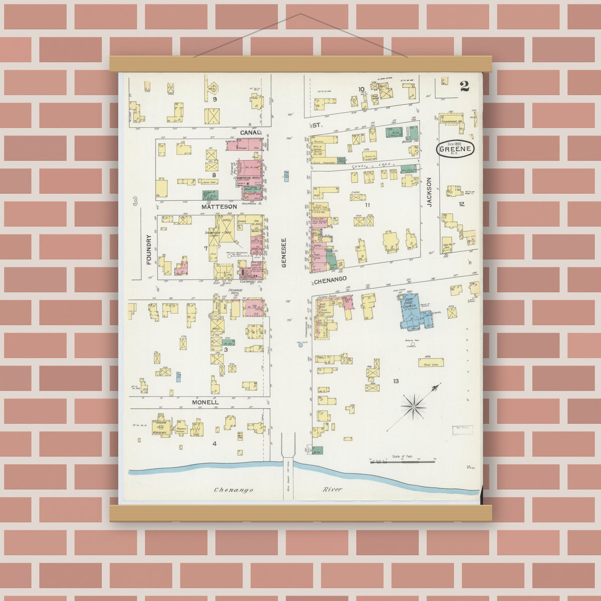 Old map wall art mockup — magnetic wood frame on brick wall — Sanborn Fire Insurance Map from Greene, Chenango County, New York (1892), Sheet #0002