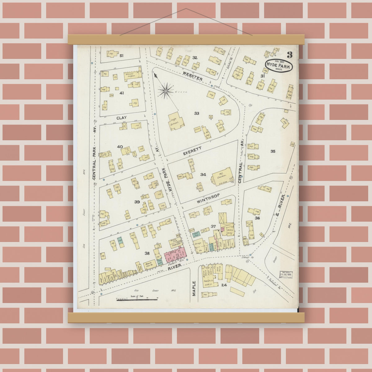 Old map wall art mockup — magnetic wood frame on brick wall — Sanborn Fire Insurance Map from Hyde Park, Norfolk County, Massachusetts (1891), Sheet #0003