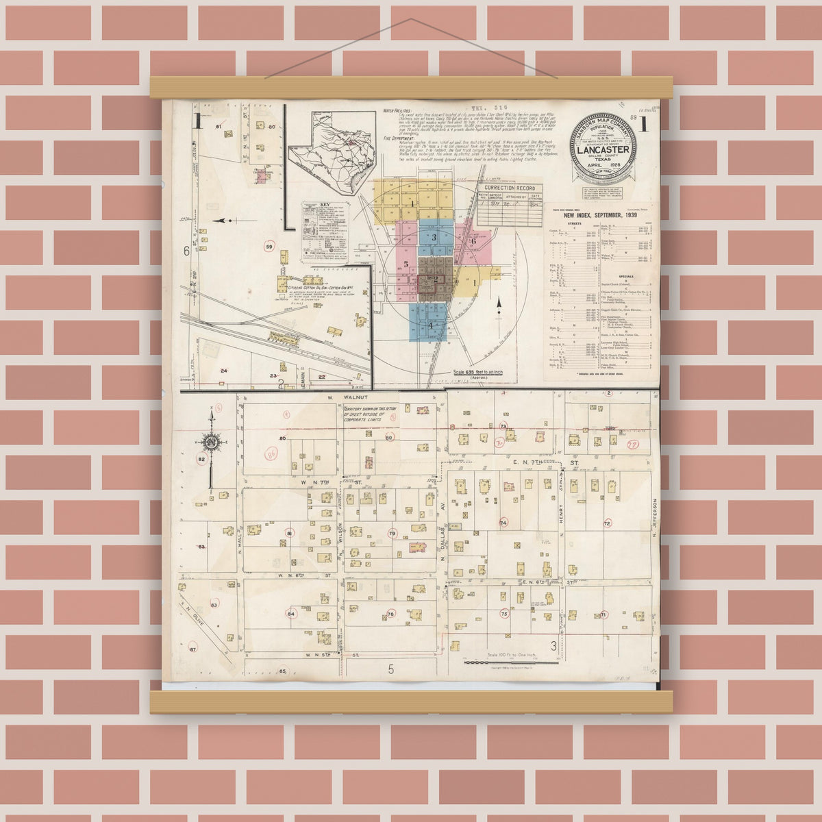Old map wall art mockup — magnetic wood frame on brick wall — Sanborn Fire Insurance Map from Lancaster, Dallas County, Texas (1939) - Complete Map Set