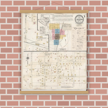 Old map wall art mockup — magnetic wood frame on brick wall — Sanborn Fire Insurance Map from Lancaster, Dallas County, Texas (1939) - Complete Map Set