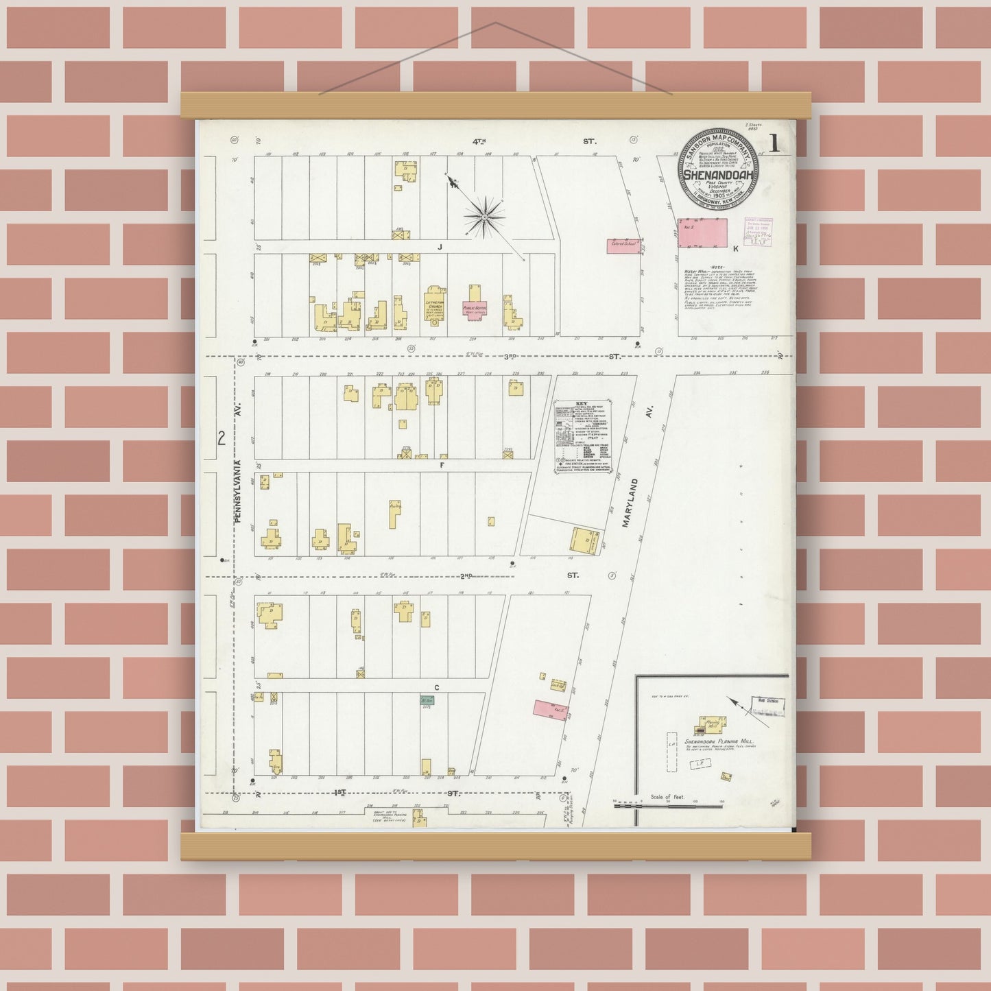 Old map wall art mockup — magnetic wood frame on brick wall — Sanborn Fire Insurance Map from Shenandoah, Page County, Virginia (1905), Sheet #0001