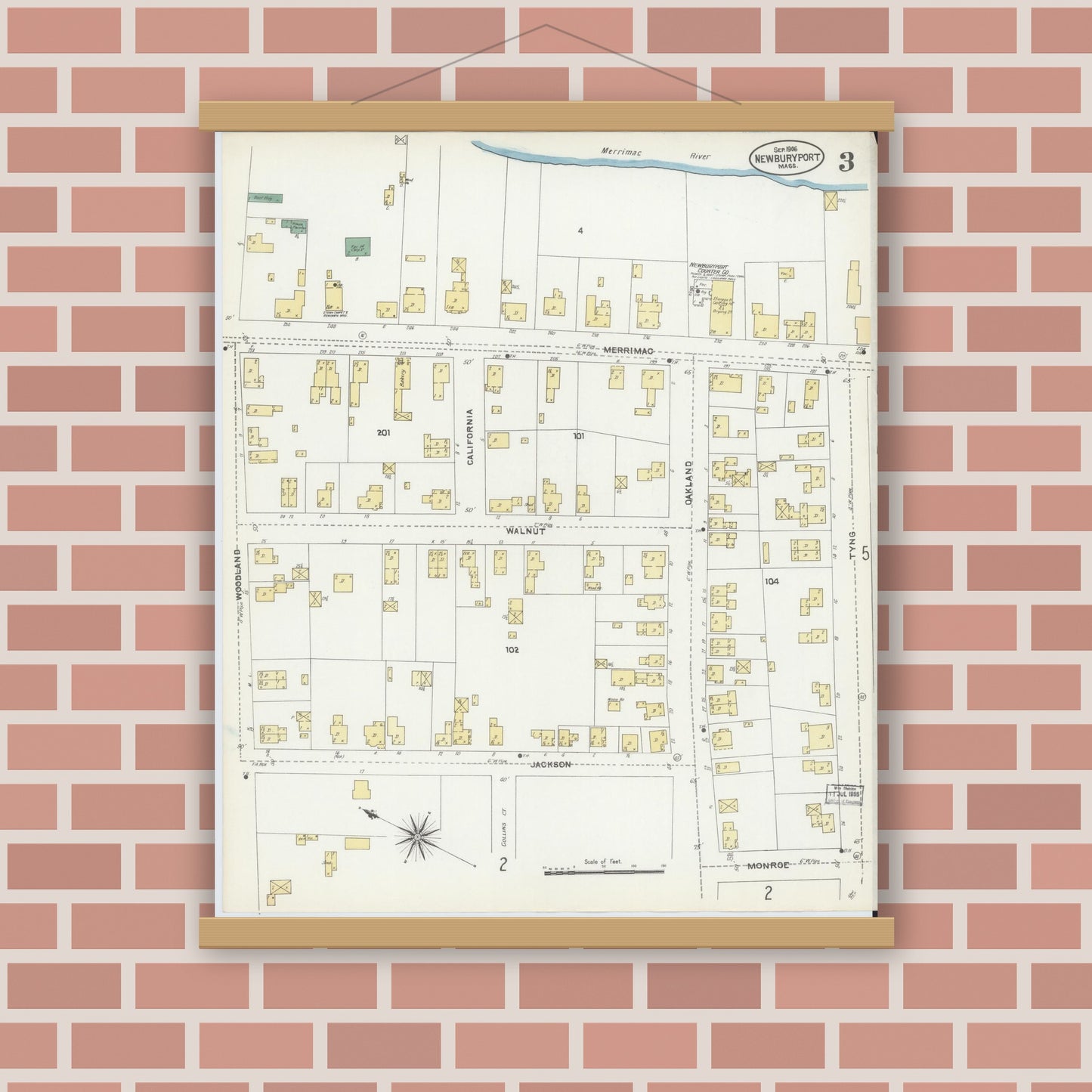 Old map wall art mockup — magnetic wood frame on brick wall — Sanborn Fire Insurance Map from Newburyport, Essex County, Massachusetts (1906), Sheet #0003