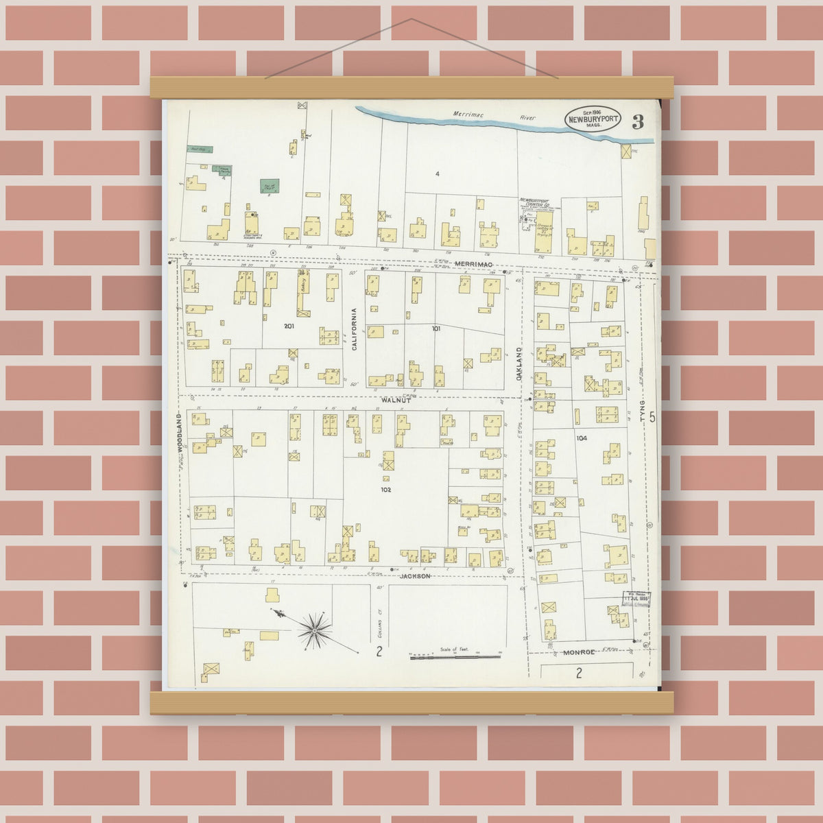 Old map wall art mockup — magnetic wood frame on brick wall — Sanborn Fire Insurance Map from Newburyport, Essex County, Massachusetts (1906), Sheet #0003