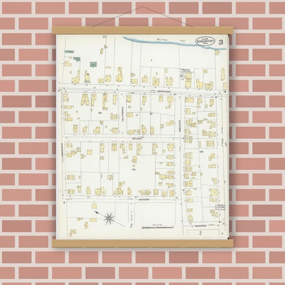 Old map wall art mockup — magnetic wood frame on brick wall — Sanborn Fire Insurance Map from Newburyport, Essex County, Massachusetts (1906), Sheet #0003