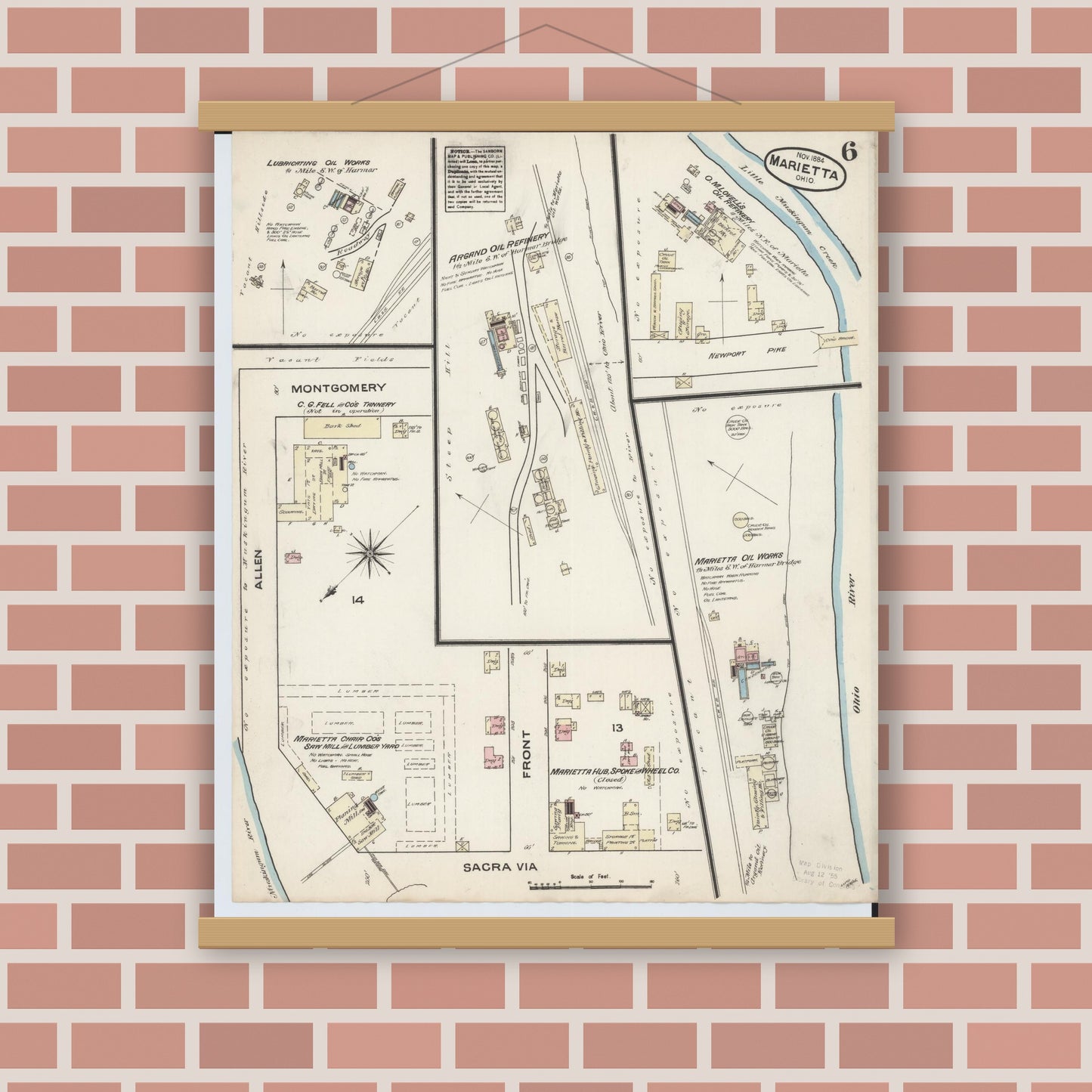 Old map wall art mockup — magnetic wood frame on brick wall — Sanborn Fire Insurance Map from Marietta, Washington County, Ohio (1884), Sheet #0006