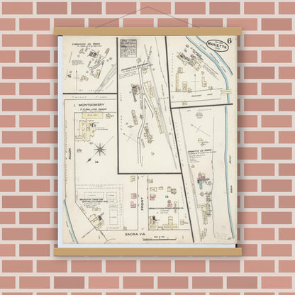 Old map wall art mockup — magnetic wood frame on brick wall — Sanborn Fire Insurance Map from Marietta, Washington County, Ohio (1884), Sheet #0006