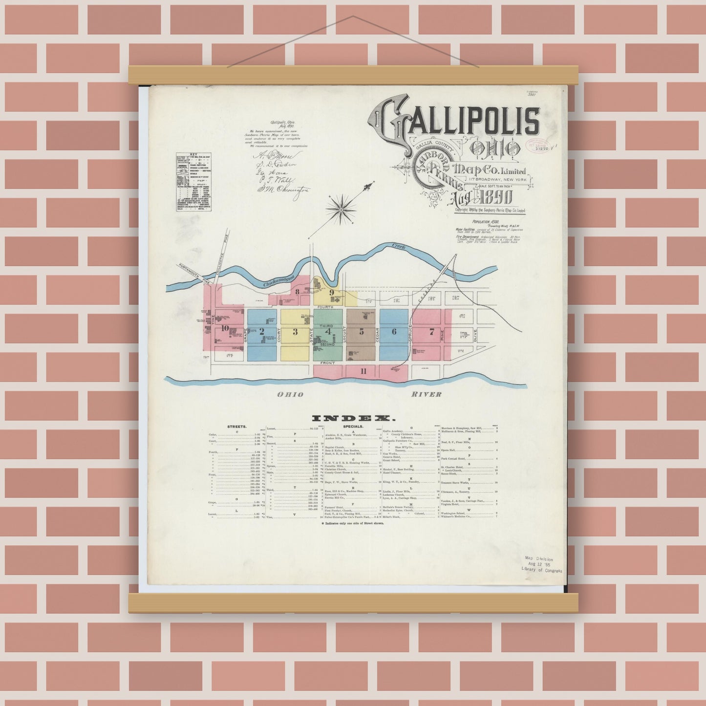 Old map wall art mockup — magnetic wood frame on brick wall — Sanborn Fire Insurance Map from Gallipolis, Gallia County, Ohio (1890), Sheet #0001