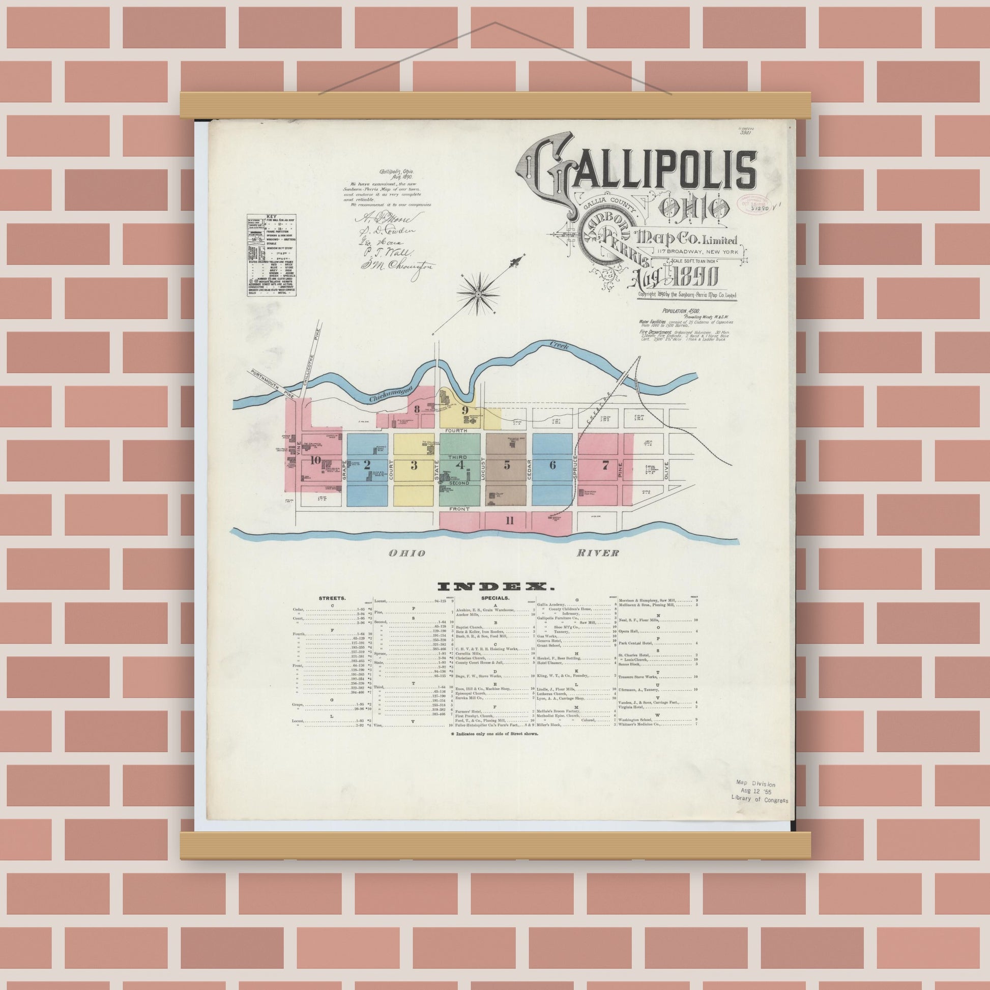 Old map wall art mockup — magnetic wood frame on brick wall — Sanborn Fire Insurance Map from Gallipolis, Gallia County, Ohio (1890), Sheet #0001