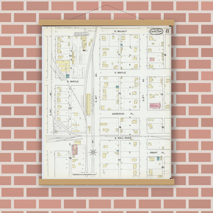 Old map wall art mockup — magnetic wood frame on brick wall — Sanborn Fire Insurance Map from Canton, Fulton County, Illinois (1891), Sheet #0008