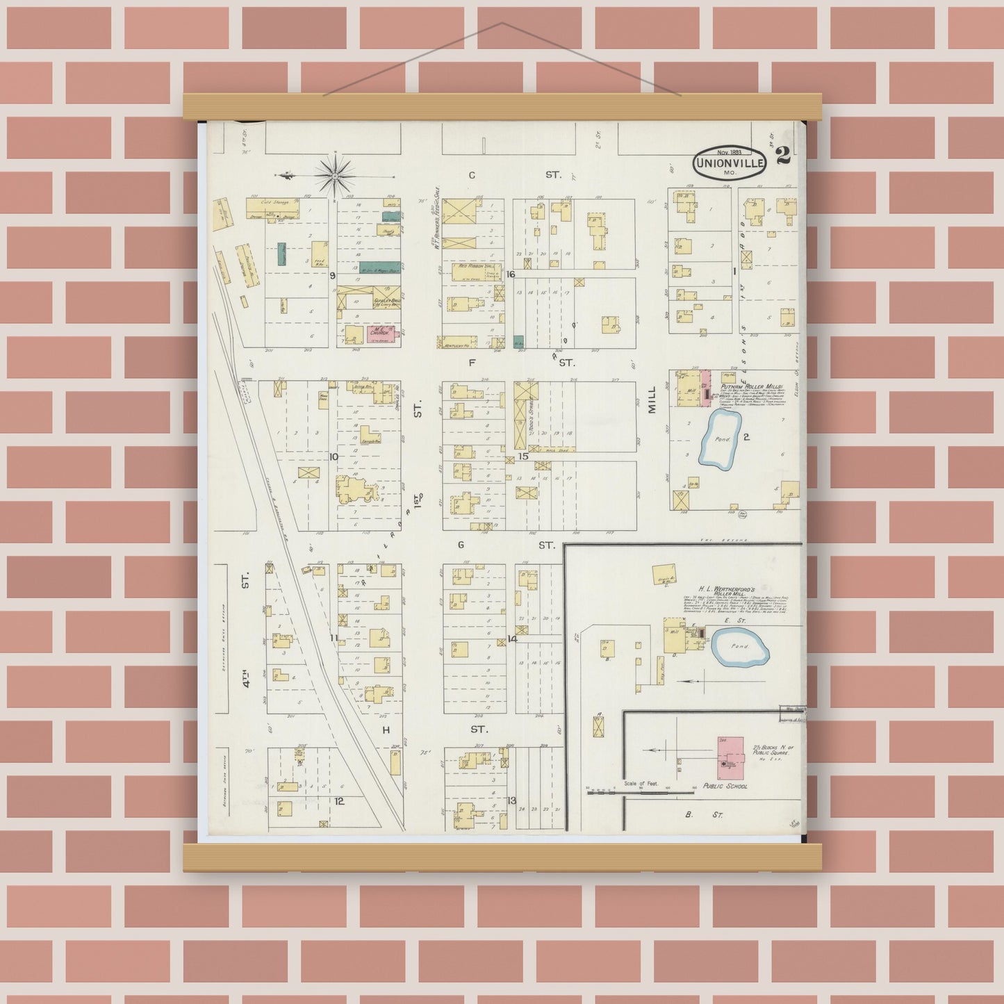 Old map wall art mockup — magnetic wood frame on brick wall — Sanborn Fire Insurance Map from Unionville, Putnam County, Missouri (1893), Sheet #0002