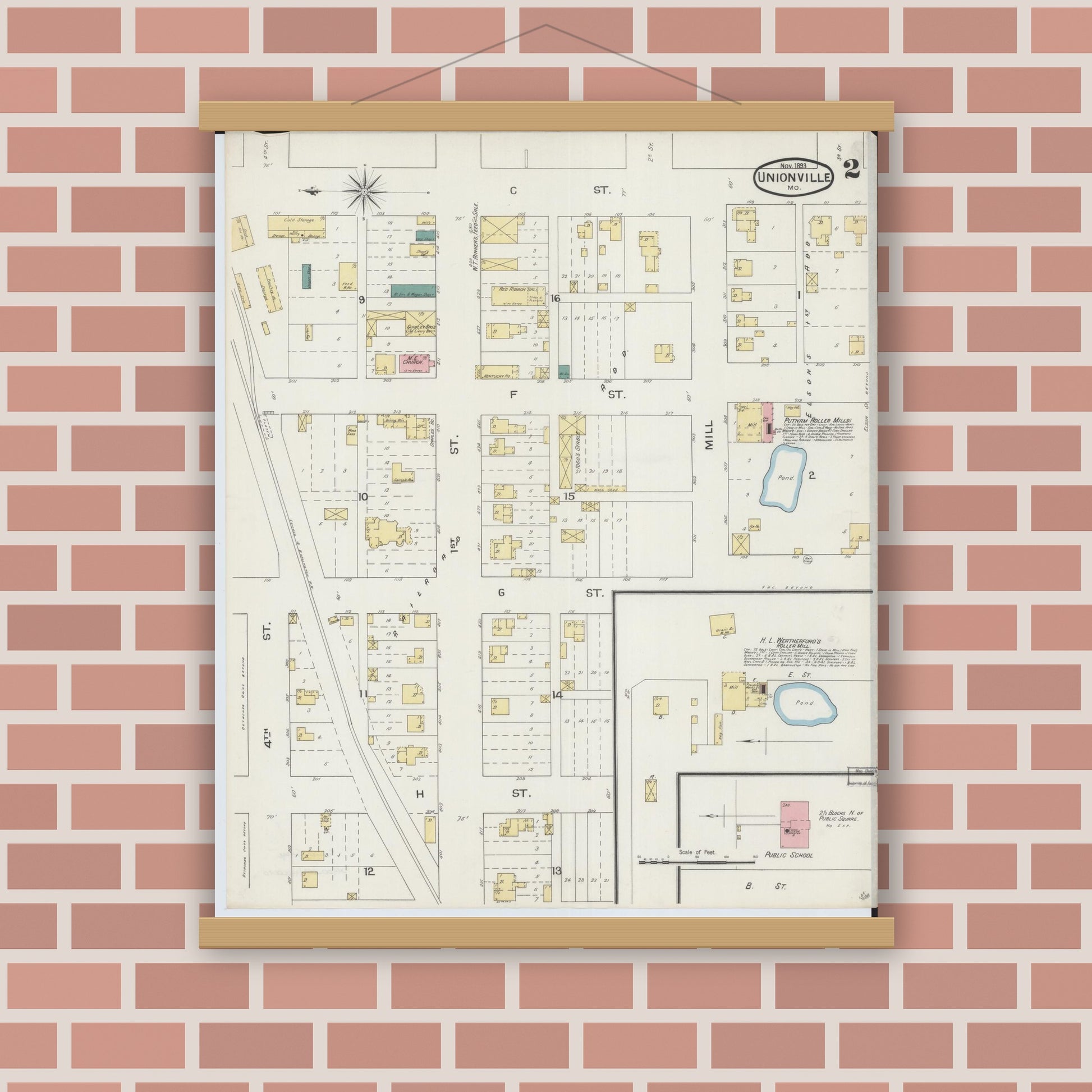 Old map wall art mockup — magnetic wood frame on brick wall — Sanborn Fire Insurance Map from Unionville, Putnam County, Missouri (1893), Sheet #0002