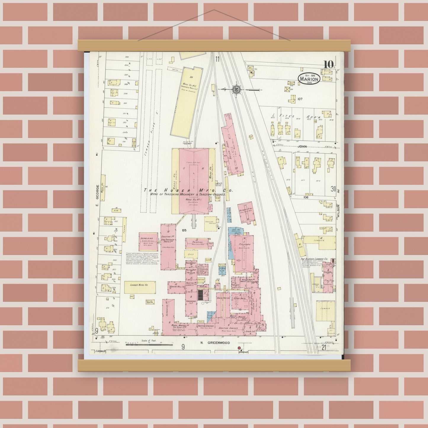 Old map wall art mockup — magnetic wood frame on brick wall — Sanborn Fire Insurance Map from Marion, Marion County, Ohio (1914), Sheet #0010