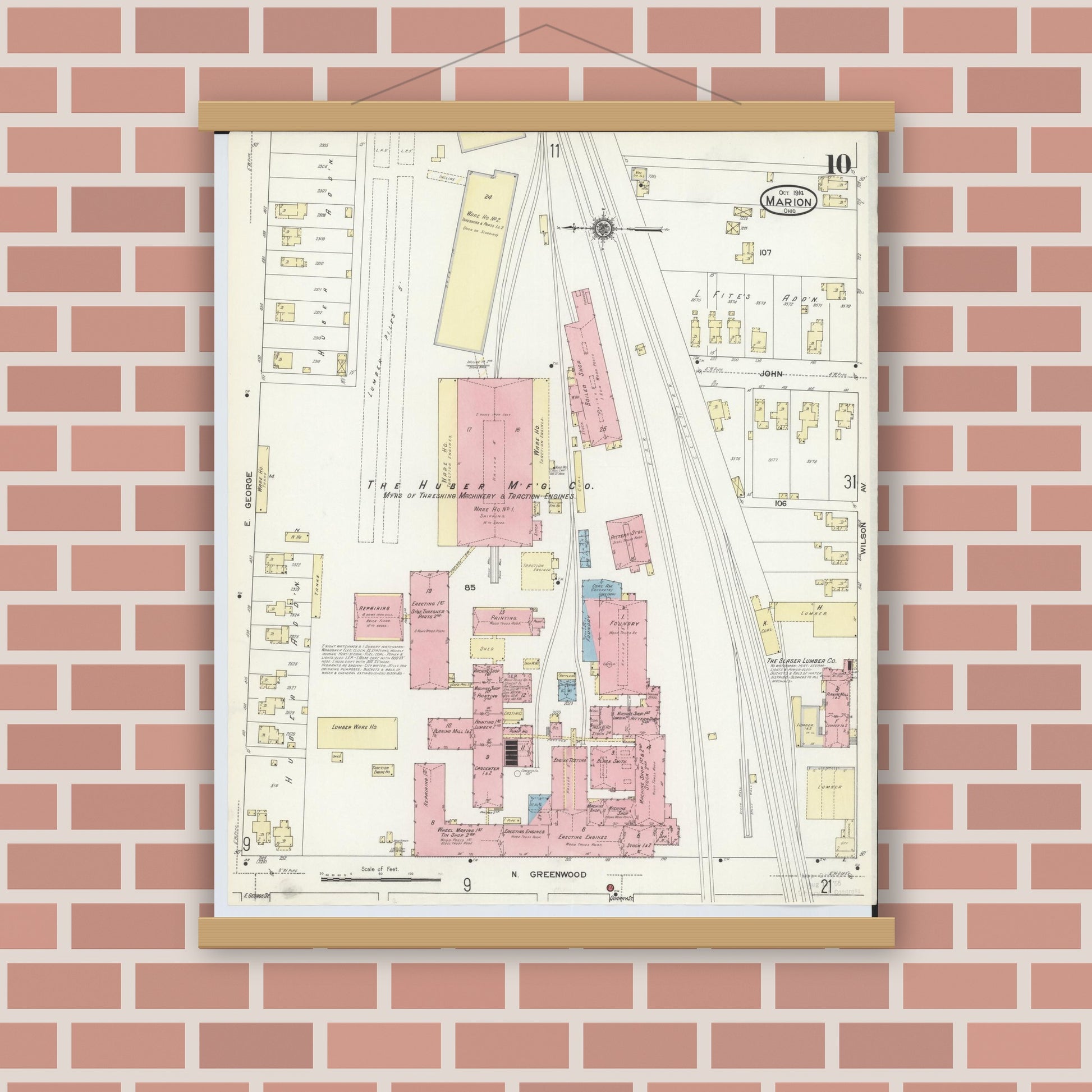 Old map wall art mockup — magnetic wood frame on brick wall — Sanborn Fire Insurance Map from Marion, Marion County, Ohio (1914), Sheet #0010
