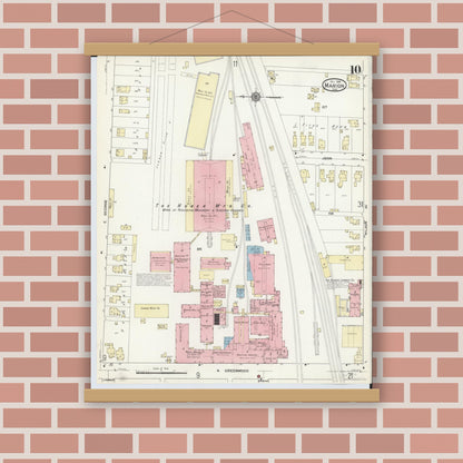 Old map wall art mockup — magnetic wood frame on brick wall — Sanborn Fire Insurance Map from Marion, Marion County, Ohio (1914), Sheet #0010