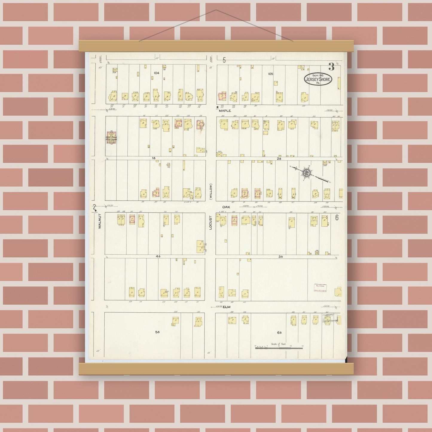 Old map wall art mockup — magnetic wood frame on brick wall — Sanborn Fire Insurance Map from Jersey Shore, Lycoming County, Pennsylvania (1913), Sheet #0003