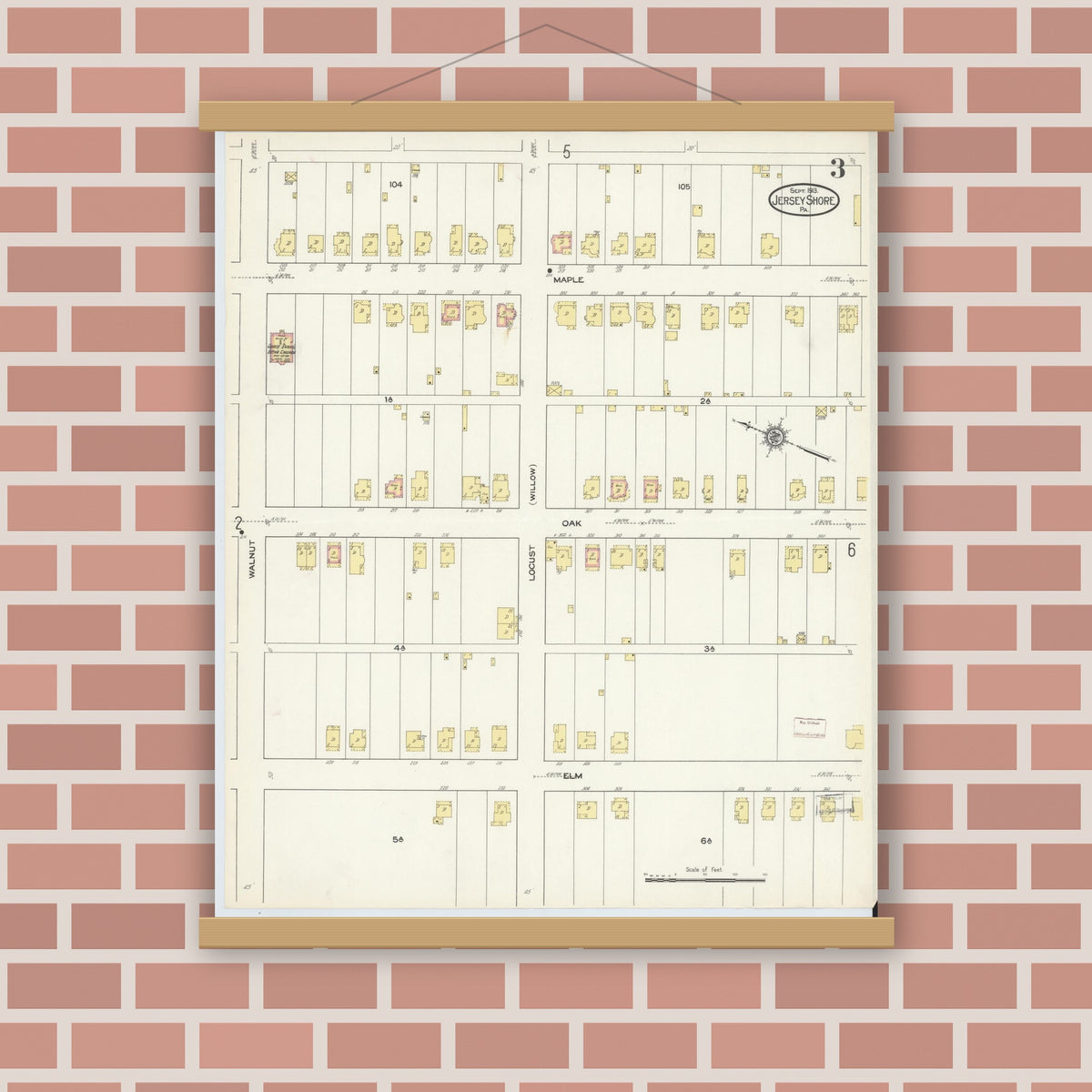 Old map wall art mockup — magnetic wood frame on brick wall — Sanborn Fire Insurance Map from Jersey Shore, Lycoming County, Pennsylvania (1913), Sheet #0003