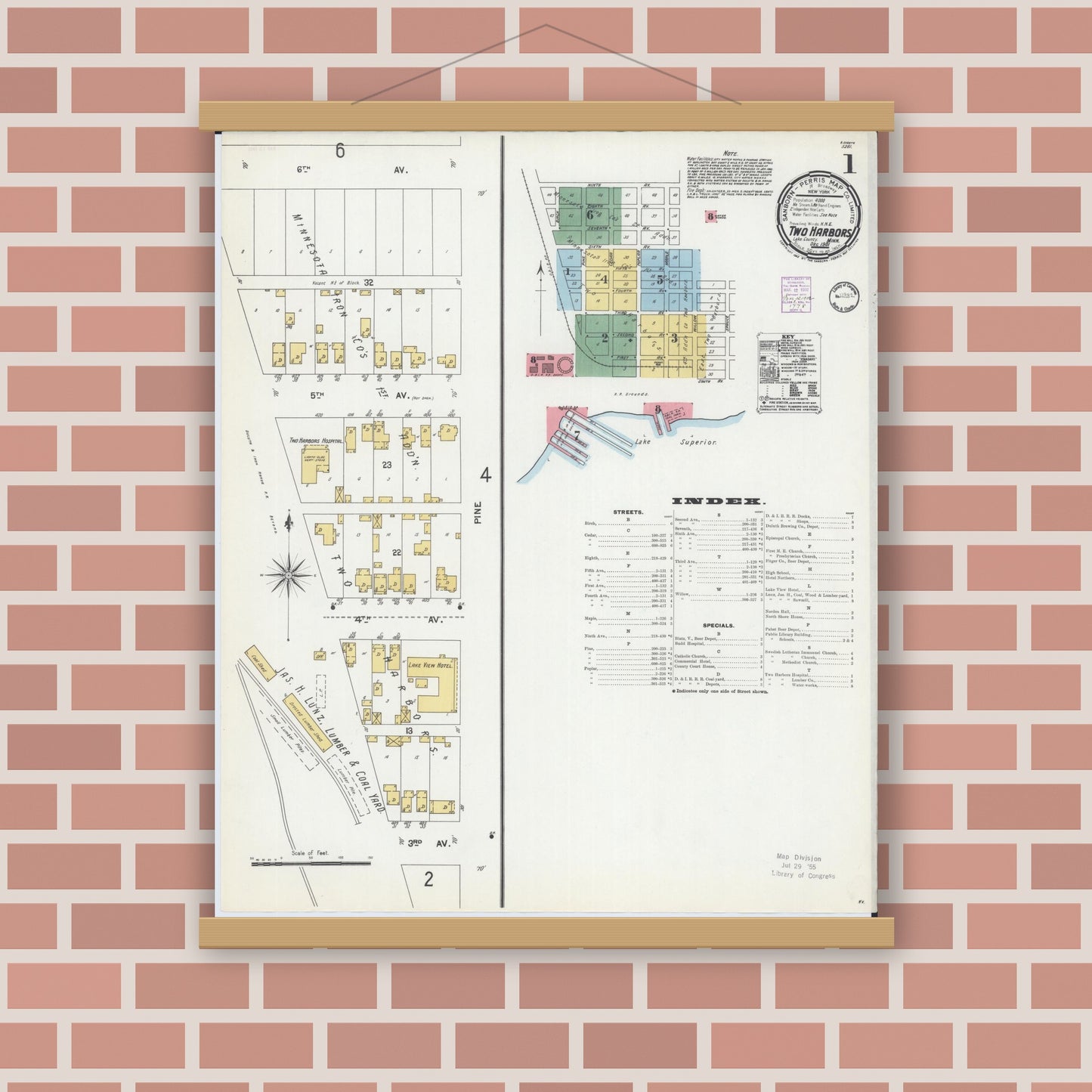 Old map wall art mockup — magnetic wood frame on brick wall — Sanborn Fire Insurance Map from Two Harbors, Lake County, Minnesota (1901) - Complete Map Set