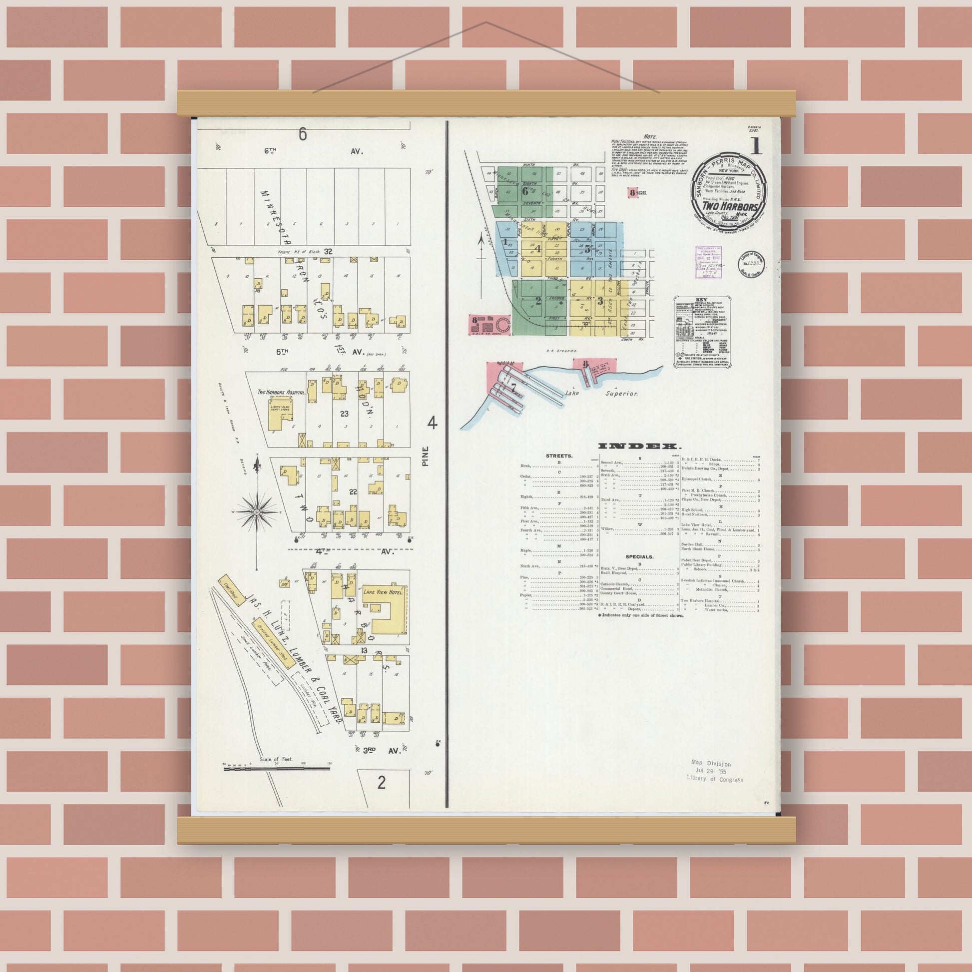 Old map wall art mockup — magnetic wood frame on brick wall — Sanborn Fire Insurance Map from Two Harbors, Lake County, Minnesota (1901) - Complete Map Set