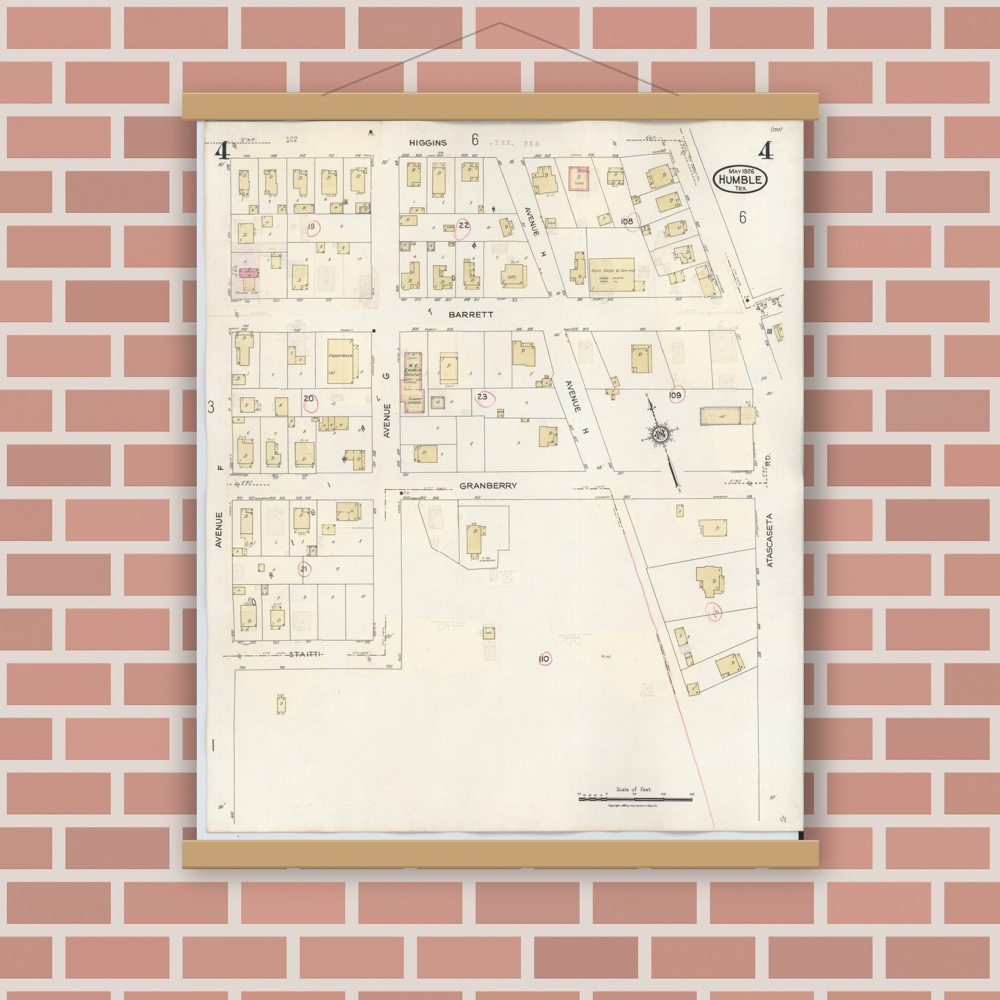 Old map wall art mockup — magnetic wood frame on brick wall — Sanborn Fire Insurance Map from Humble, Harris County, Texas (1940), Sheet #0004