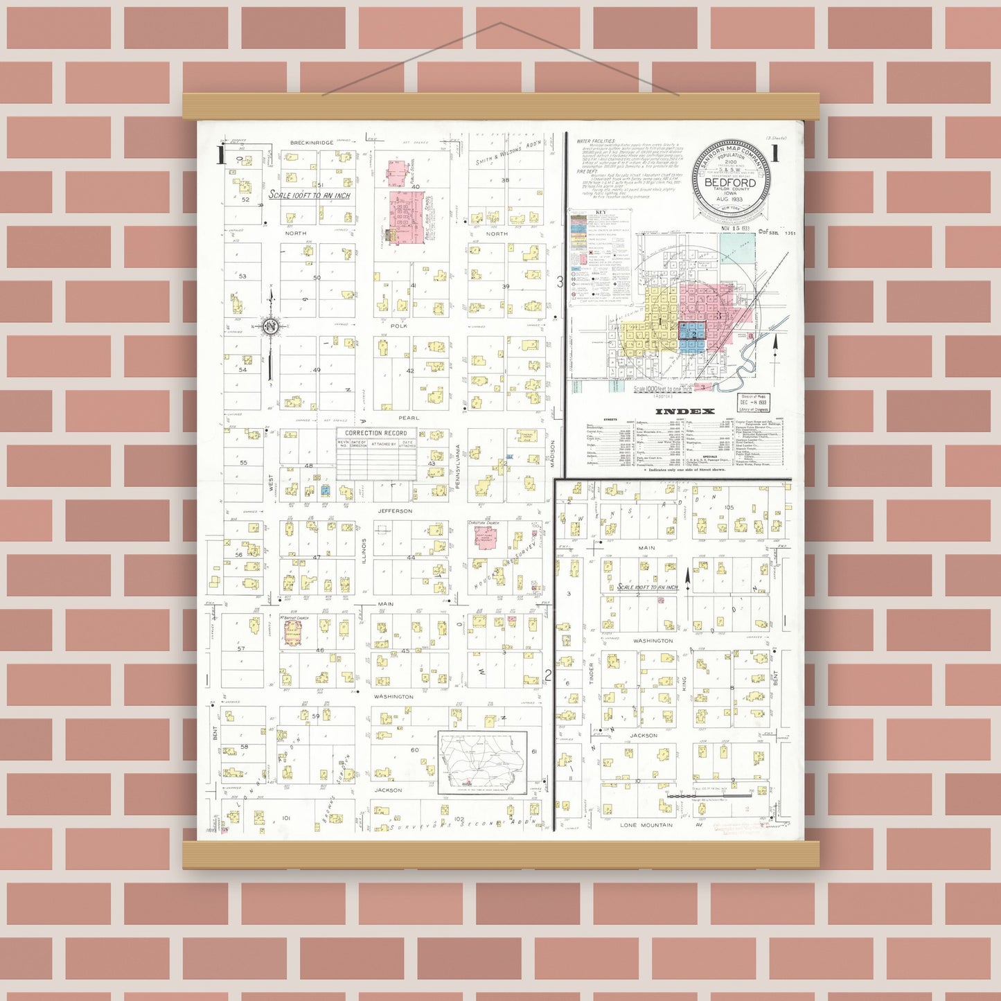 Old map wall art mockup — magnetic wood frame on brick wall — Sanborn Fire Insurance Map from Bedford, Taylor County, Iowa (1933) â€” Complete Set
