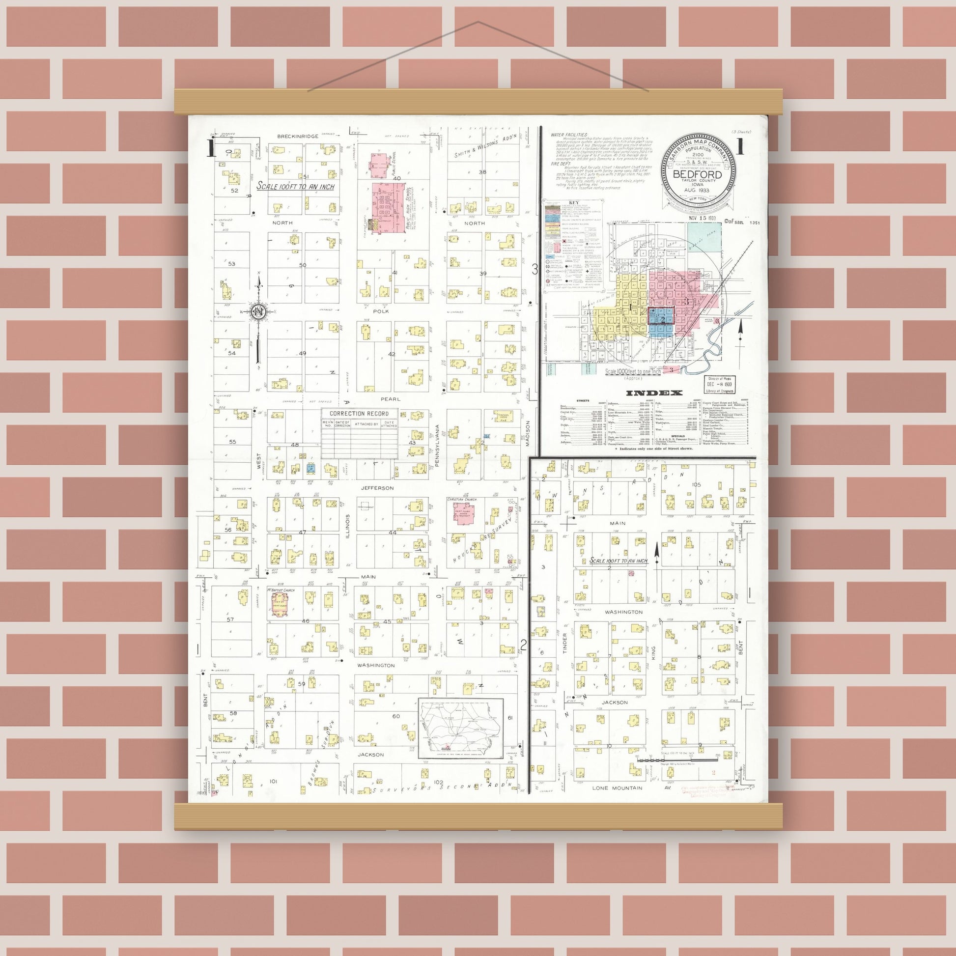 Old map wall art mockup — magnetic wood frame on brick wall — Sanborn Fire Insurance Map from Bedford, Taylor County, Iowa (1933) â€” Complete Set