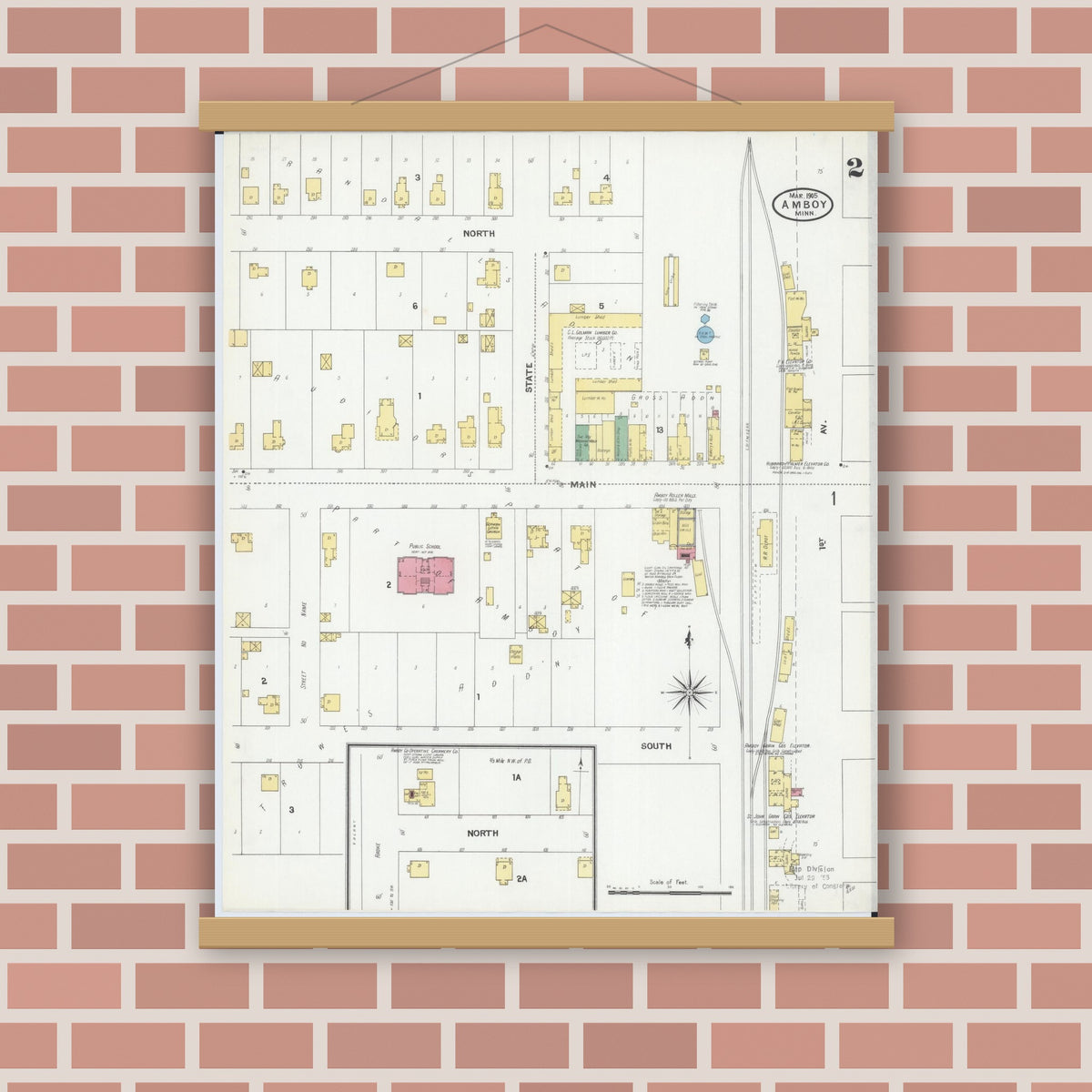 Old map wall art mockup — magnetic wood frame on brick wall — Sanborn Fire Insurance Map from Amboy, Blue Earth County, Minnesota (1905), Sheet #0002