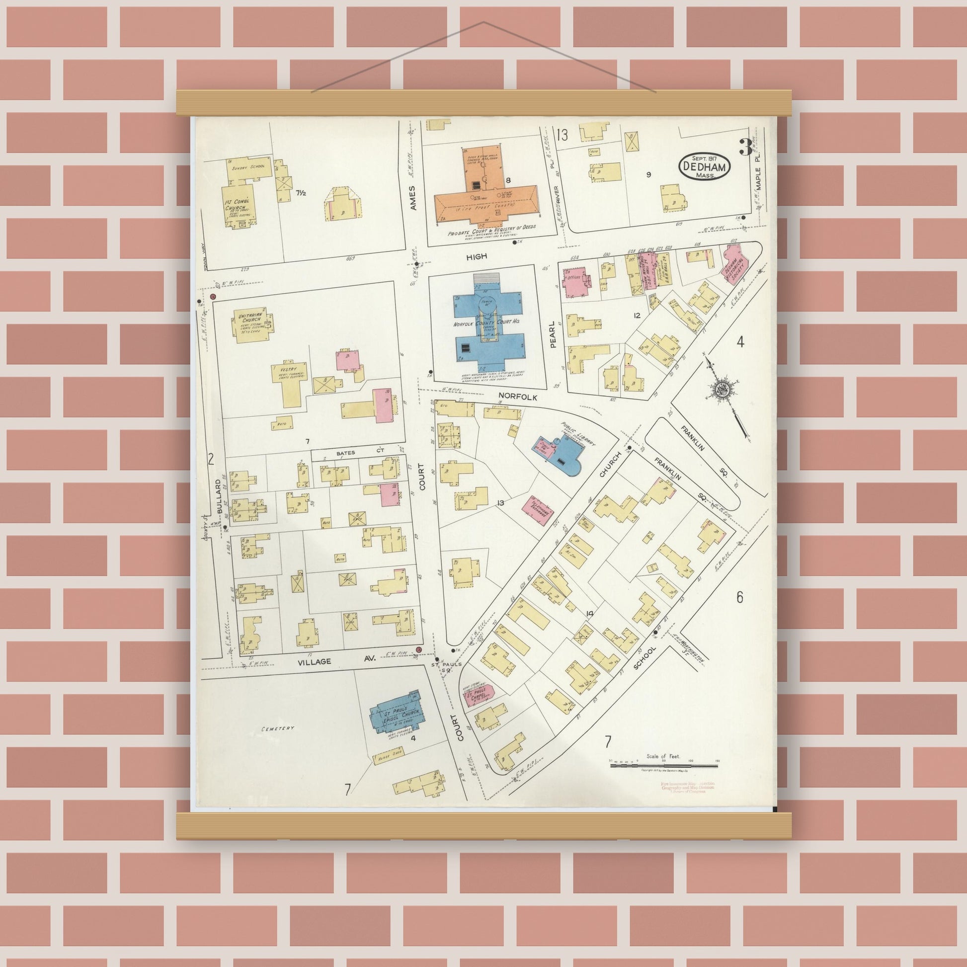 Old map wall art mockup — magnetic wood frame on brick wall — Sanborn Fire Insurance Map from Dedham, Norfolk County, Massachusetts (1917), Sheet #0003