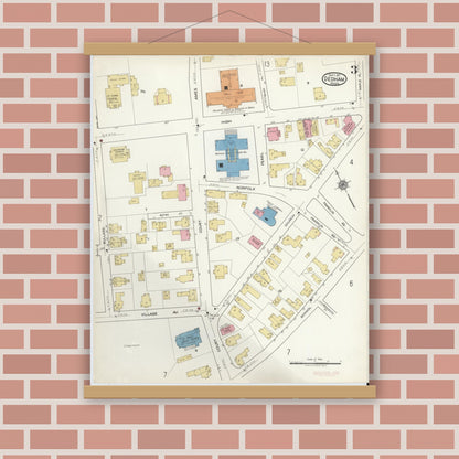 Old map wall art mockup — magnetic wood frame on brick wall — Sanborn Fire Insurance Map from Dedham, Norfolk County, Massachusetts (1917), Sheet #0003