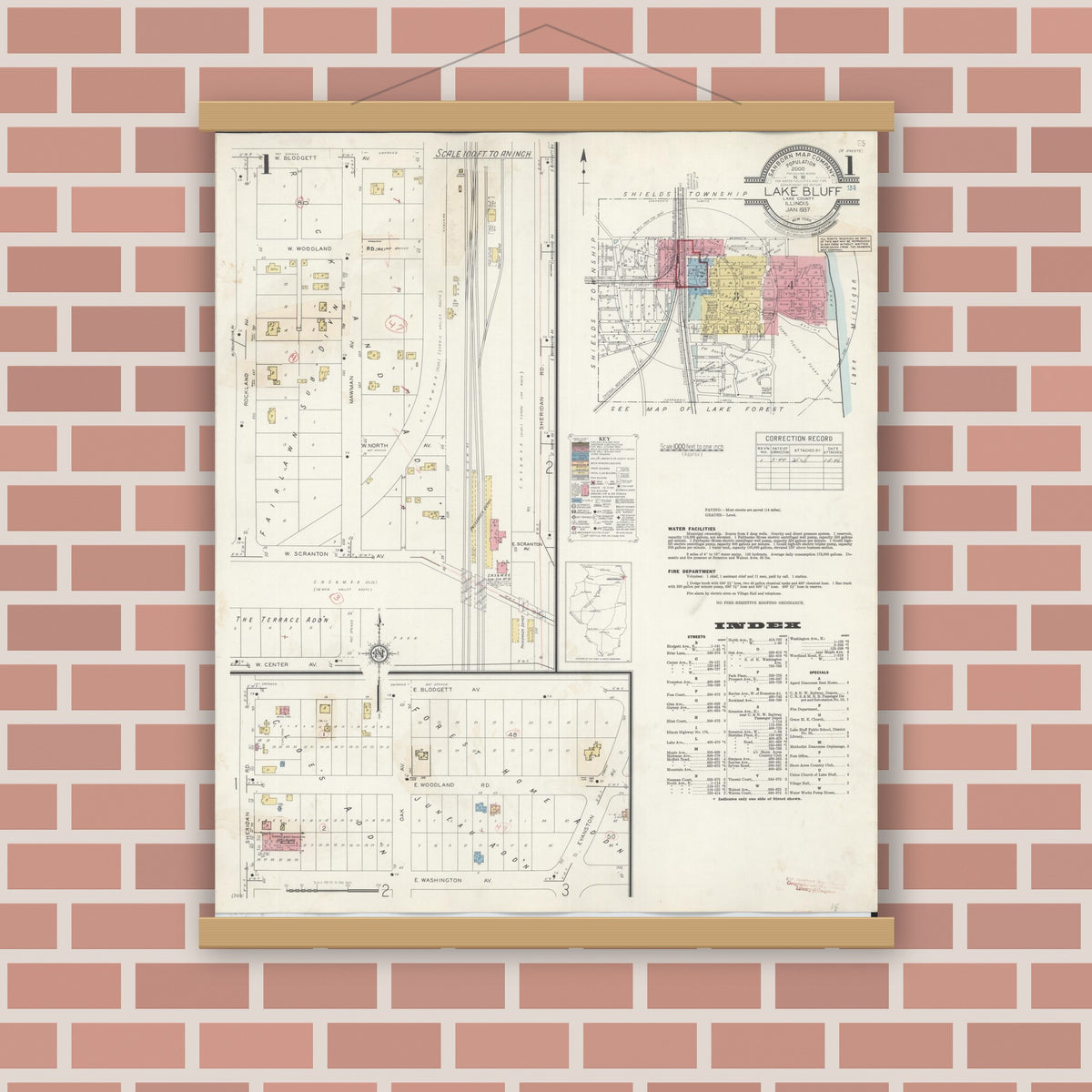 Old map wall art mockup — magnetic wood frame on brick wall — Sanborn Fire Insurance Map from Lake Bluff, Lake County, Illinois (1944) - Complete Map Set
