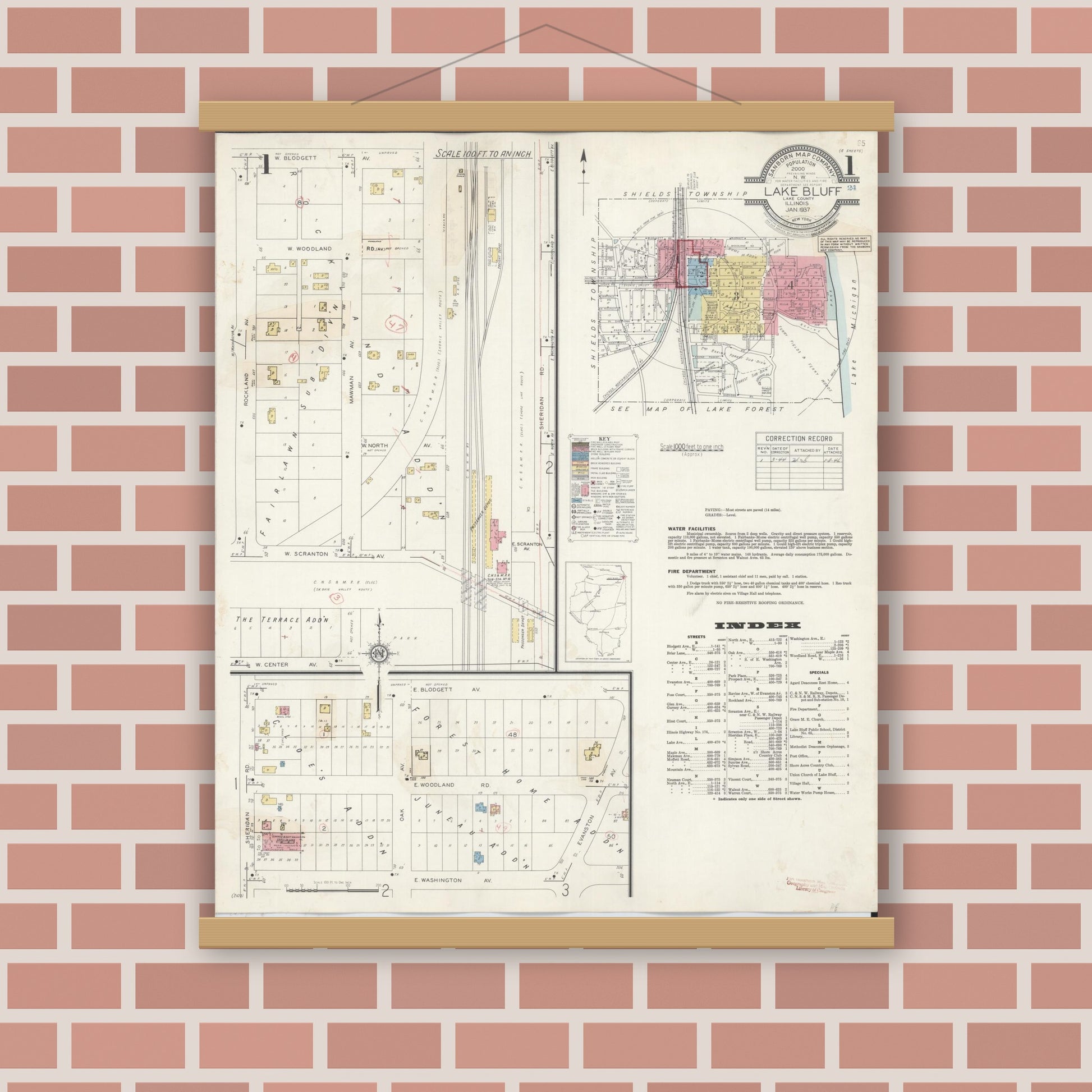 Old map wall art mockup — magnetic wood frame on brick wall — Sanborn Fire Insurance Map from Lake Bluff, Lake County, Illinois (1944) - Complete Map Set