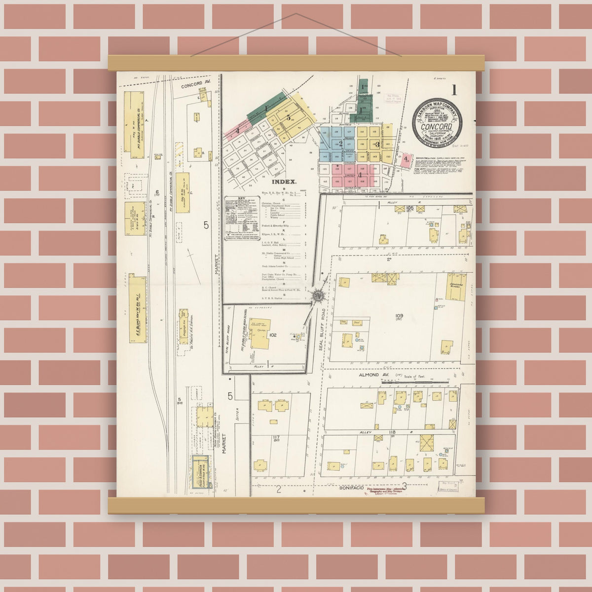 Old map wall art mockup — magnetic wood frame on brick wall — Sanborn Fire Insurance Map from Concord, Contra Costa County, California (1912), Sheet #0001