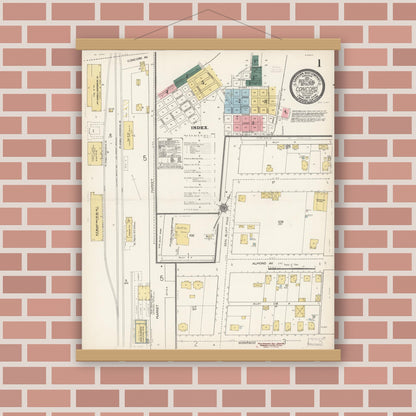 Old map wall art mockup — magnetic wood frame on brick wall — Sanborn Fire Insurance Map from Concord, Contra Costa County, California (1912), Sheet #0001