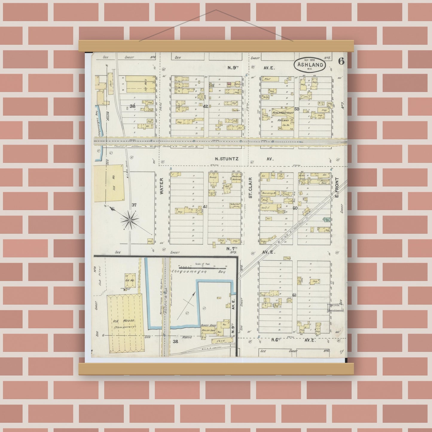 Old map wall art mockup — magnetic wood frame on brick wall — Sanborn Fire Insurance Map from Ashland, Ashland County, Wisconsin (1890), Sheet #0006