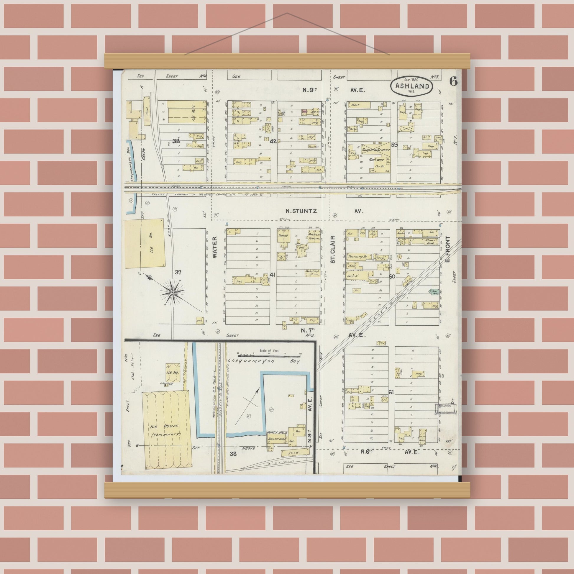 Old map wall art mockup — magnetic wood frame on brick wall — Sanborn Fire Insurance Map from Ashland, Ashland County, Wisconsin (1890), Sheet #0006