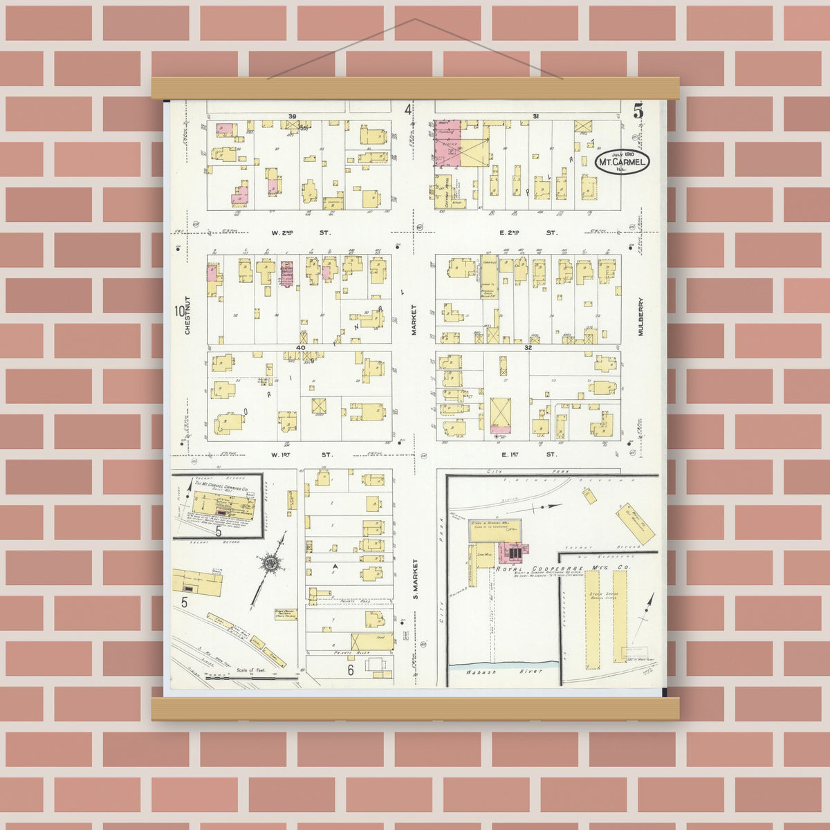Old map wall art mockup — magnetic wood frame on brick wall — Sanborn Fire Insurance Map from Mount Carmel, Wabash County, Illinois (1910), Sheet #0005