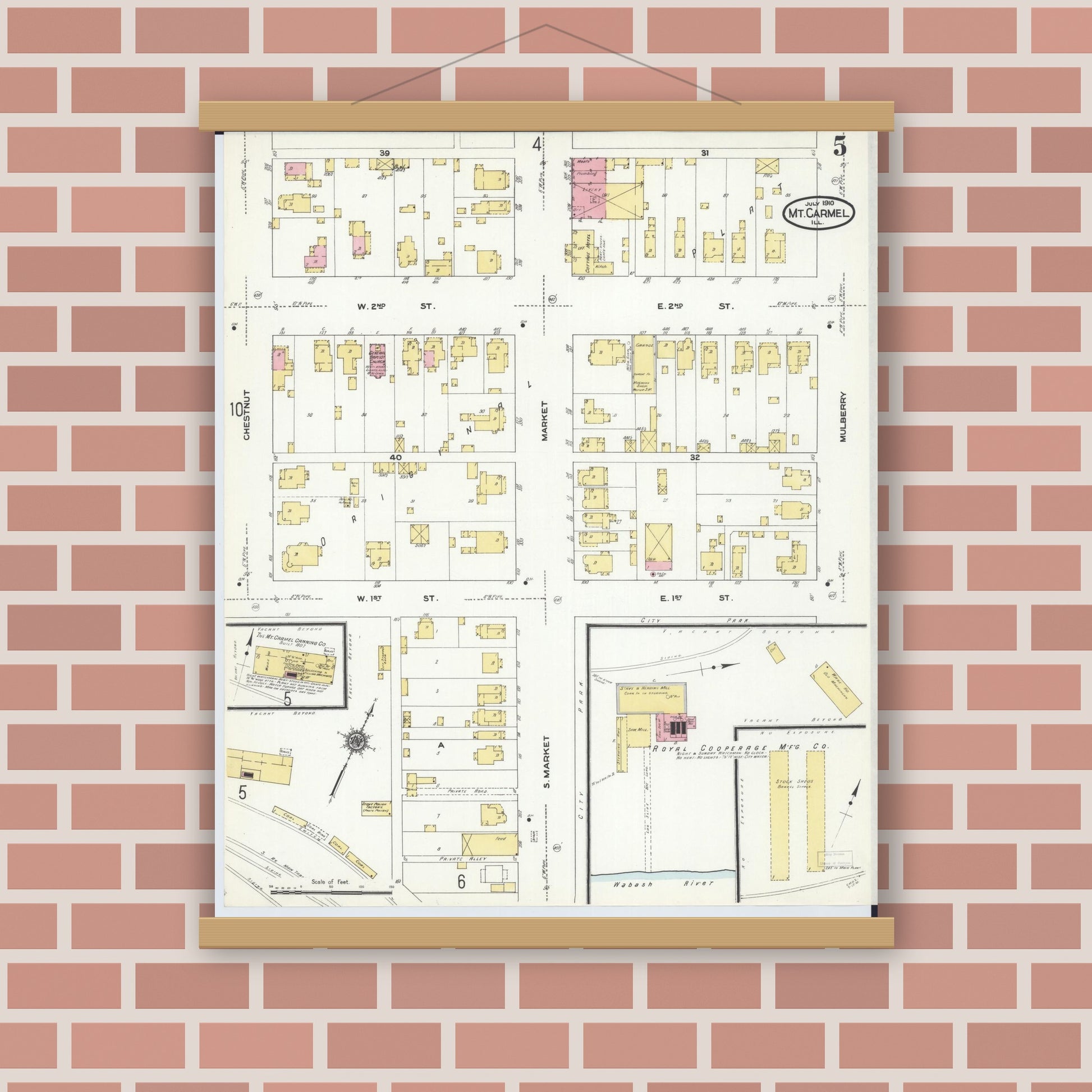 Old map wall art mockup — magnetic wood frame on brick wall — Sanborn Fire Insurance Map from Mount Carmel, Wabash County, Illinois (1910), Sheet #0005