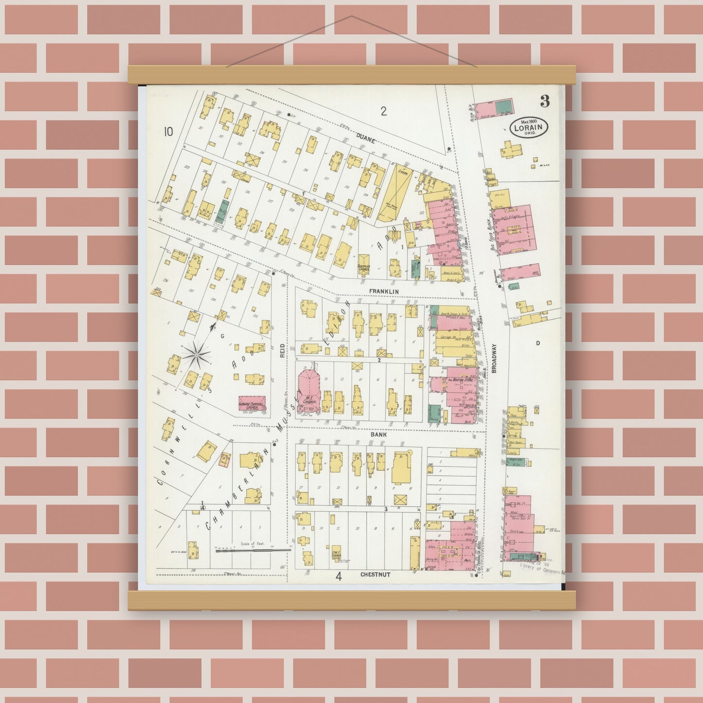 Old map wall art mockup — magnetic wood frame on brick wall — Sanborn Fire Insurance Map from Lorain, Lorain County, Ohio (1900), Sheet #0003