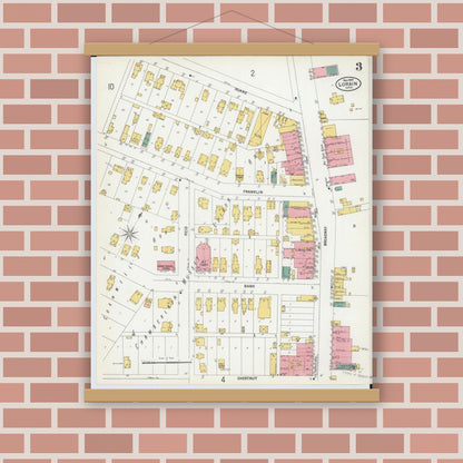 Old map wall art mockup — magnetic wood frame on brick wall — Sanborn Fire Insurance Map from Lorain, Lorain County, Ohio (1900), Sheet #0003