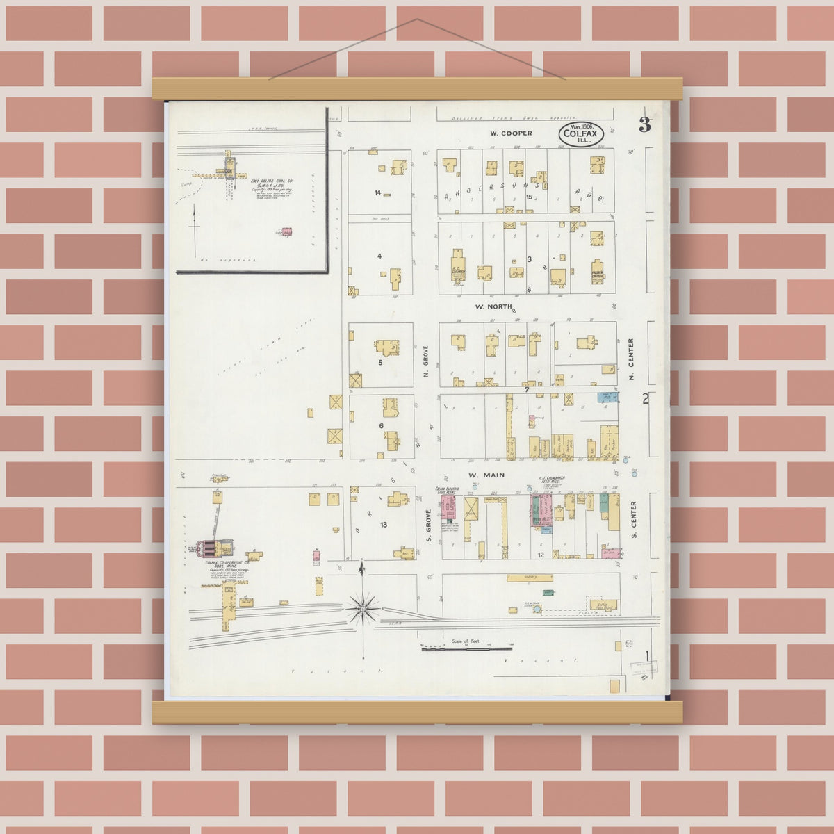 Old map wall art mockup — magnetic wood frame on brick wall — Sanborn Fire Insurance Map from Colfax, McLean County, Illinois (1906), Sheet #0003