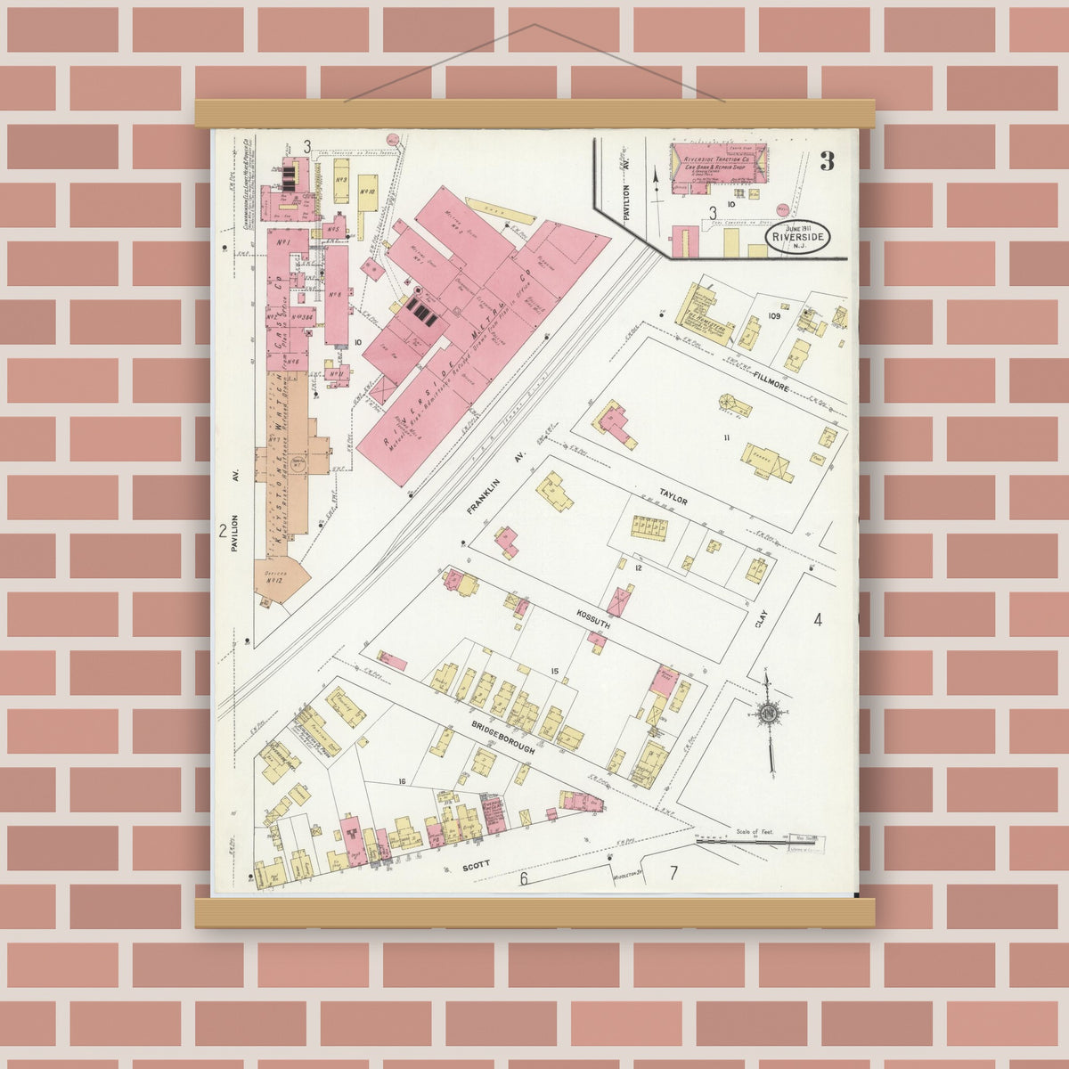 Old map wall art mockup — magnetic wood frame on brick wall — Sanborn Fire Insurance Map from Riverside, Burlington County, New Jersey (1911), Sheet #0003