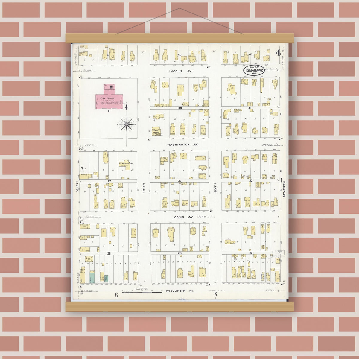 Old map wall art mockup — magnetic wood frame on brick wall — Sanborn Fire Insurance Map from Tomahawk, Lincoln County, Wisconsin (1908), Sheet #0004