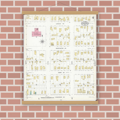 Old map wall art mockup — magnetic wood frame on brick wall — Sanborn Fire Insurance Map from Tomahawk, Lincoln County, Wisconsin (1908), Sheet #0004