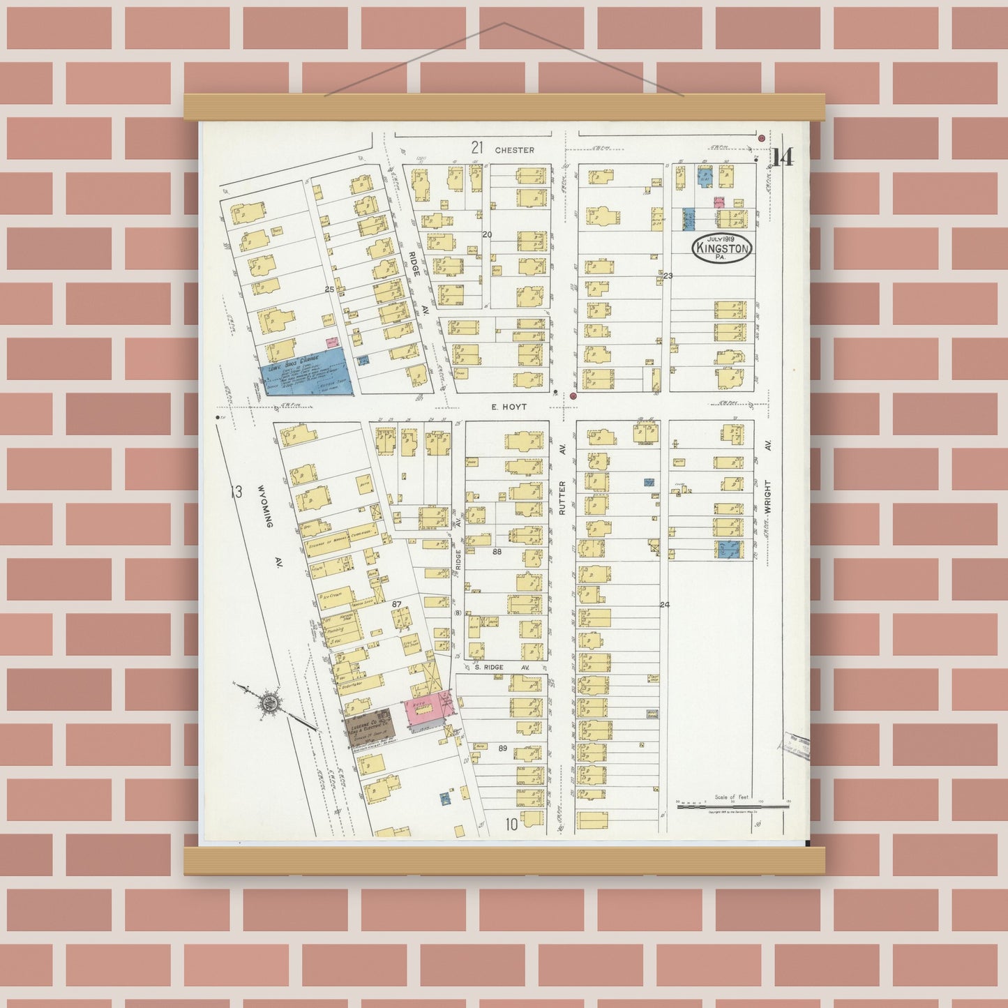 Old map wall art mockup — magnetic wood frame on brick wall — Sanborn Fire Insurance Map from Kingston, Luzerne County, Pennsylvania (1919), Sheet #0014