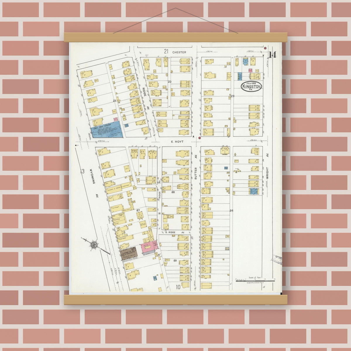 Old map wall art mockup — magnetic wood frame on brick wall — Sanborn Fire Insurance Map from Kingston, Luzerne County, Pennsylvania (1919), Sheet #0014