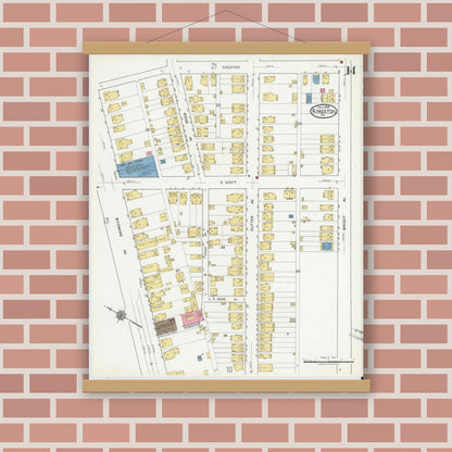 Old map wall art mockup — magnetic wood frame on brick wall — Sanborn Fire Insurance Map from Kingston, Luzerne County, Pennsylvania (1919), Sheet #0014