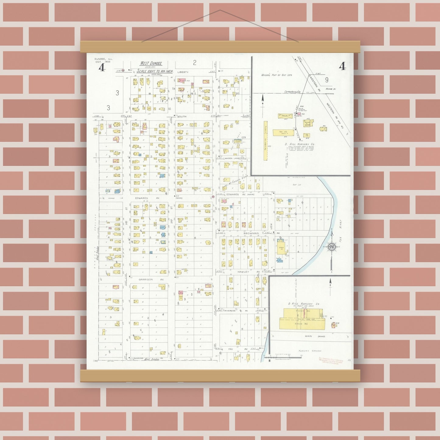 Old map wall art mockup — magnetic wood frame on brick wall — Sanborn Fire Insurance Map from Dundee, Kane County, Illinois (1933), Sheet #0004